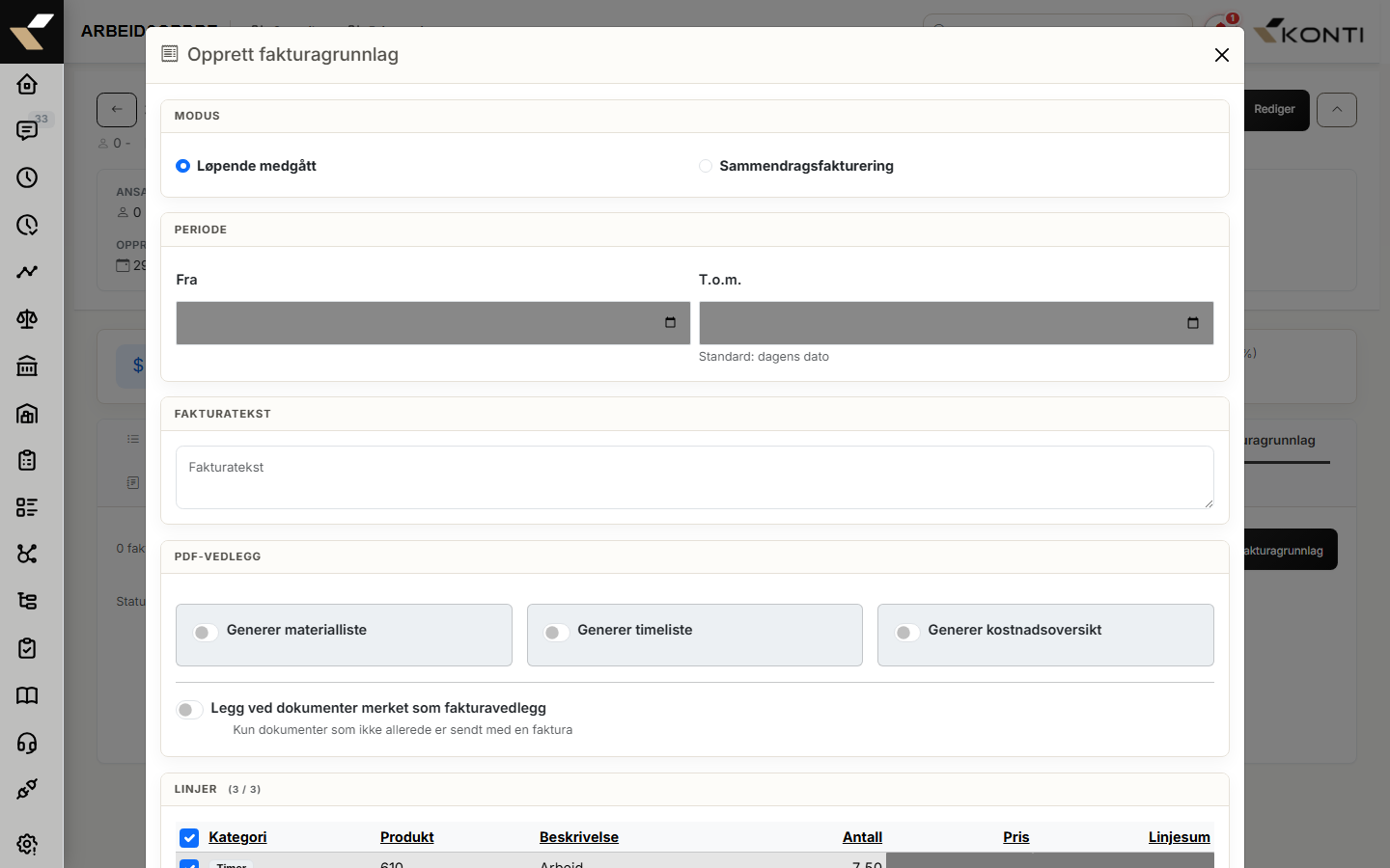 Veiviseren i Detailed-modus med periode utfylt, alle tre PDF-brytere på, og linjetabellen synlig nederst