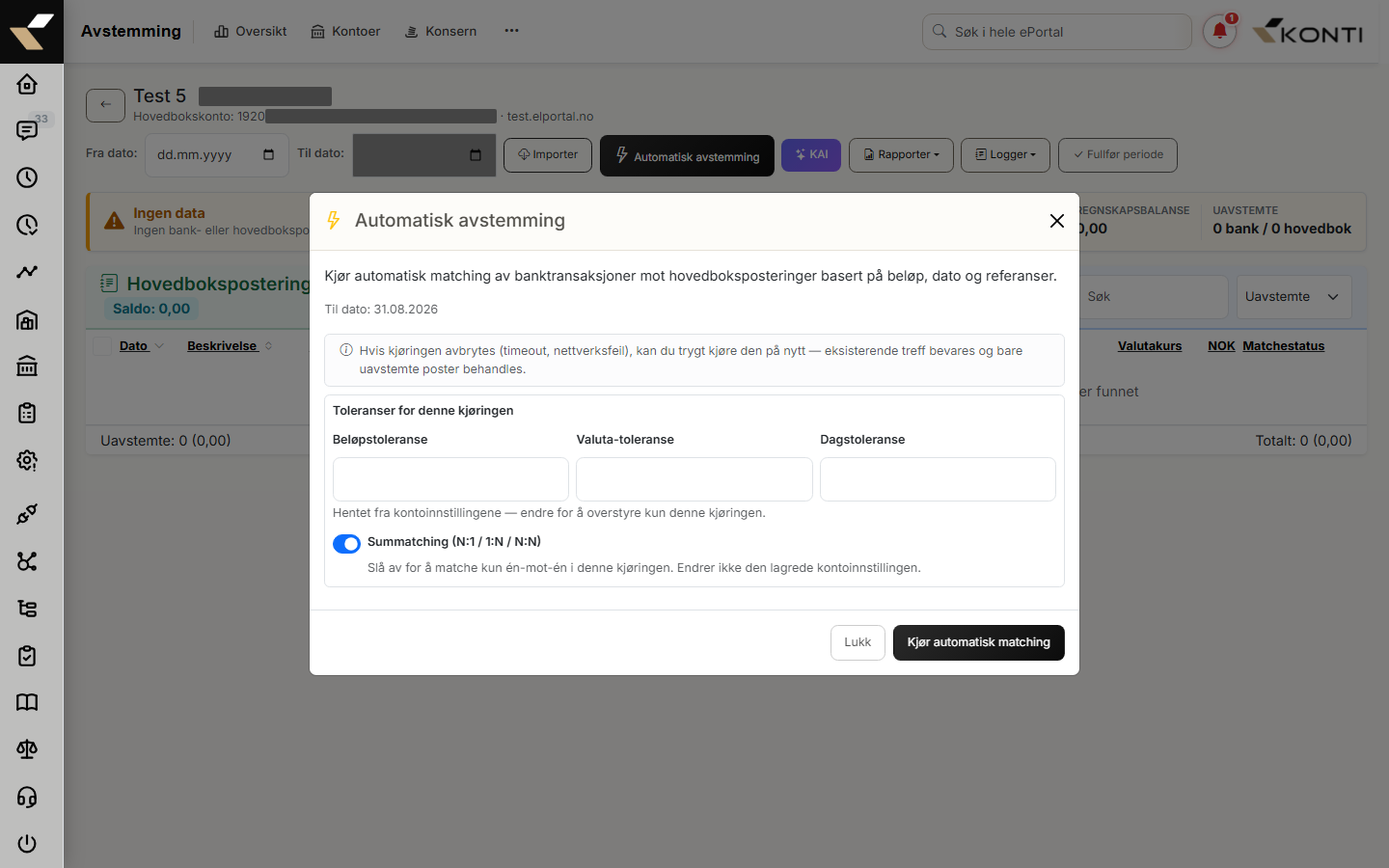 auto-match-modalen med oppsummering per strategi og advarsler