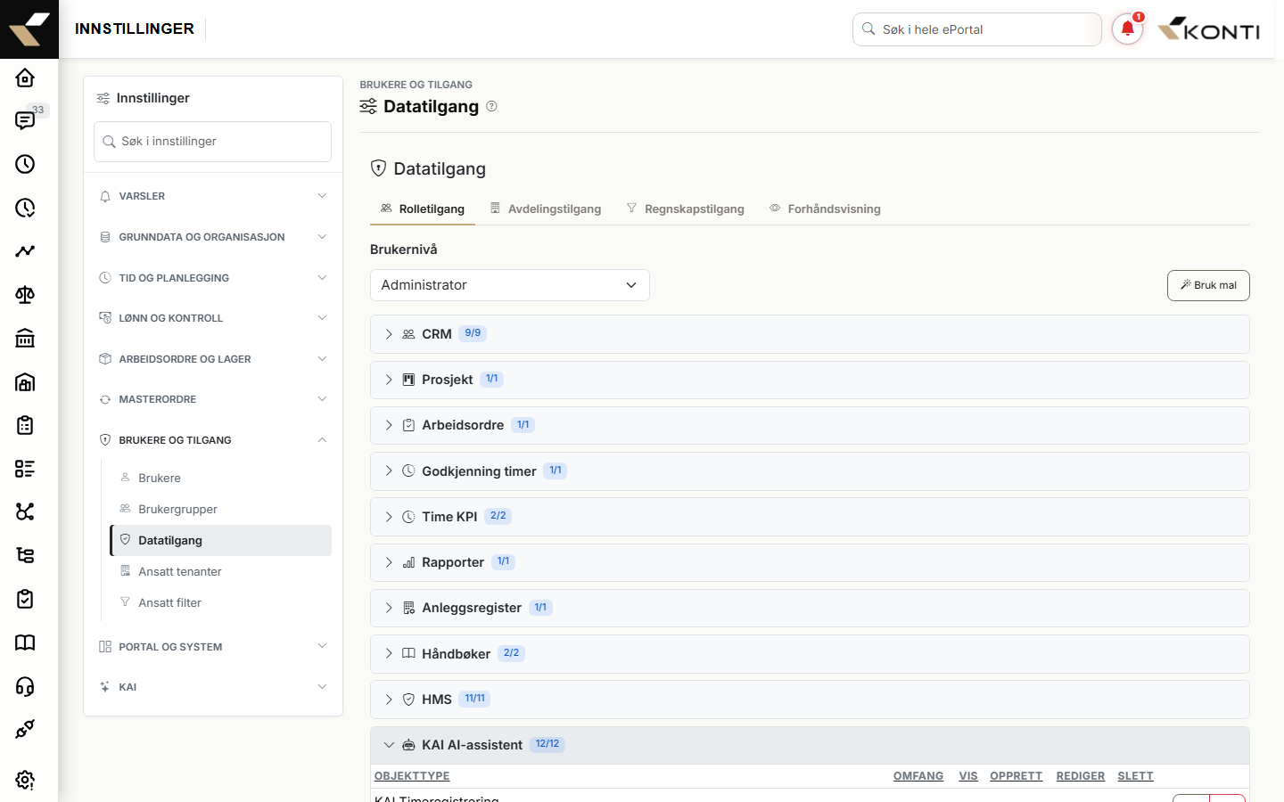 Datatilgang-skjermen med raden "KAI Arbeidsflyt" og kolonnene CanView/CanCreate/CanEdit/CanDelete