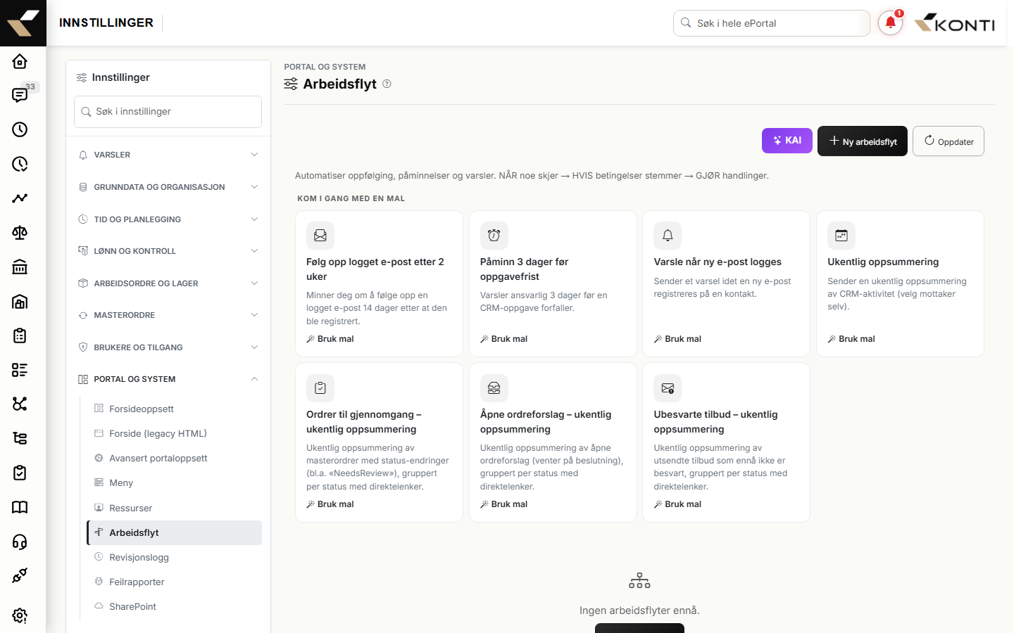 arbeidsflyt-listen med "KAI"-knappen (lilla), "+ Ny arbeidsflyt" (mørk) og en rad med status-badge