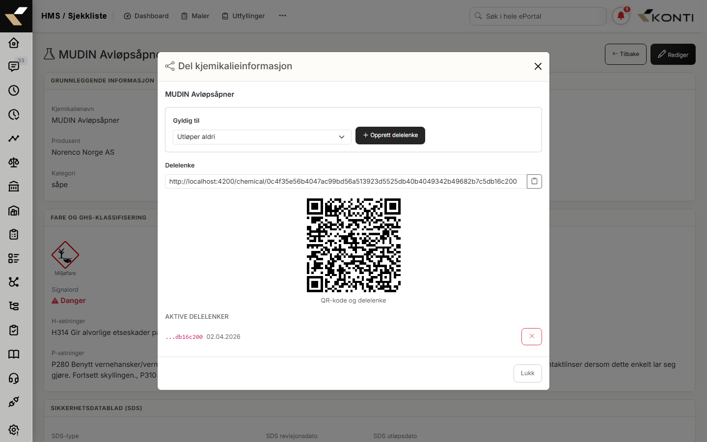 modalen åpen med en aktiv delelenke, QR-kode og listen over aktive tokens