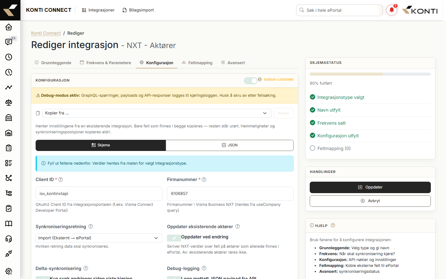 editoren med "Konfigurasjon (JSON)"-feltet åpent, slik at admin ser hvor klient-hemmelighet oppdateres