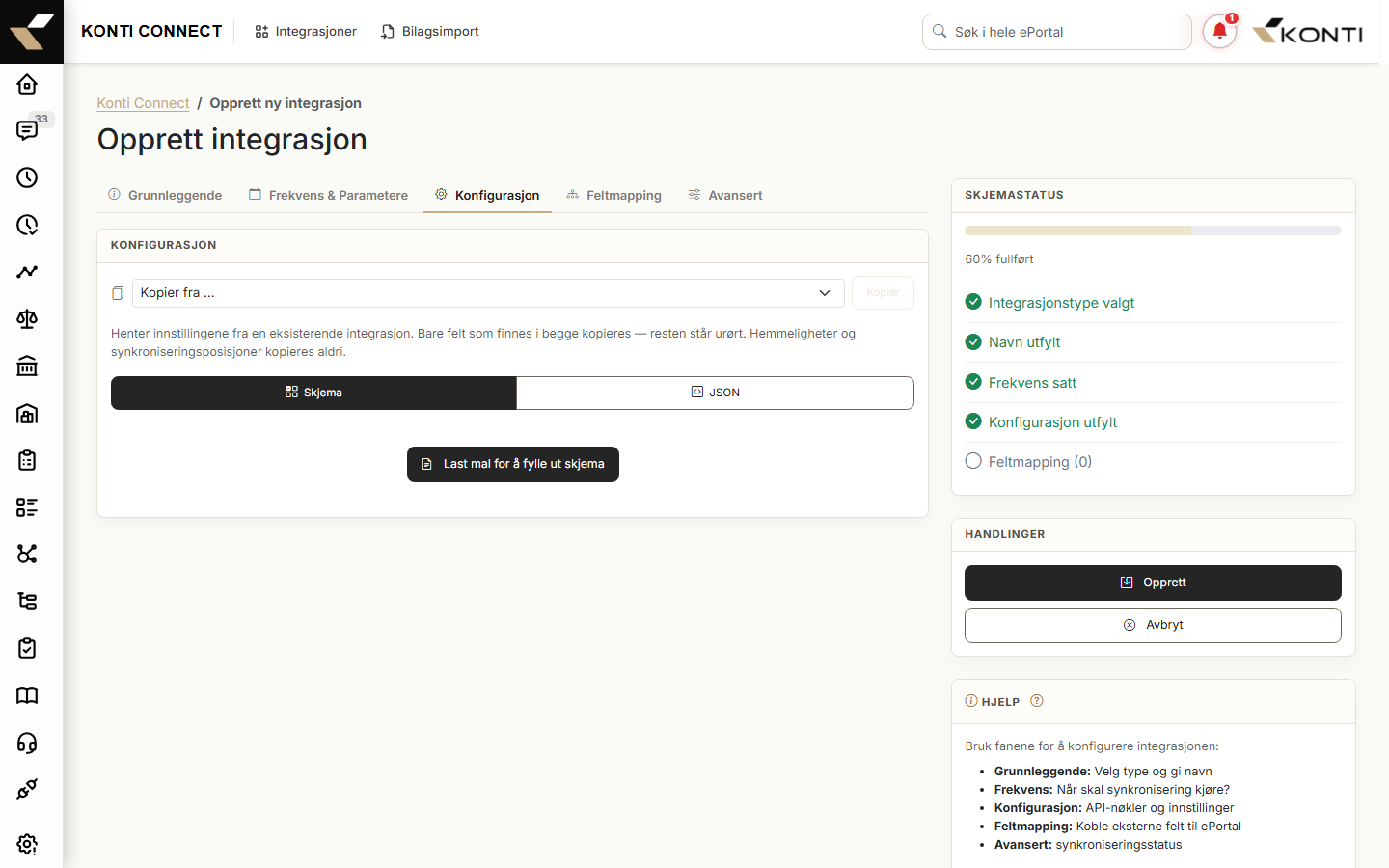 skjema-modus med utfylte felt, last-mal-knapp og debug-toggle