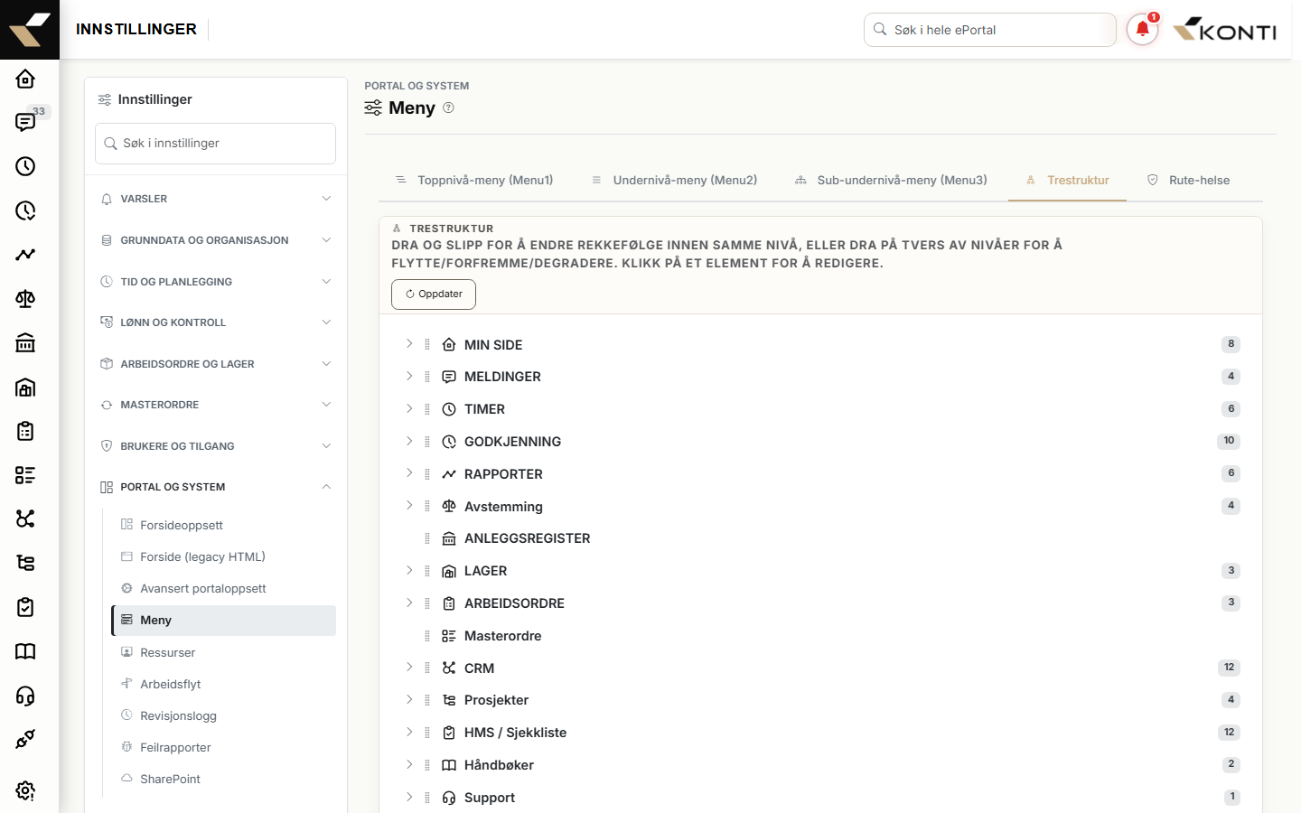 Trestruktur-fanen med ett menypunkt midt i en dra-operasjon mellom to forskjellige Menu1-foreldre