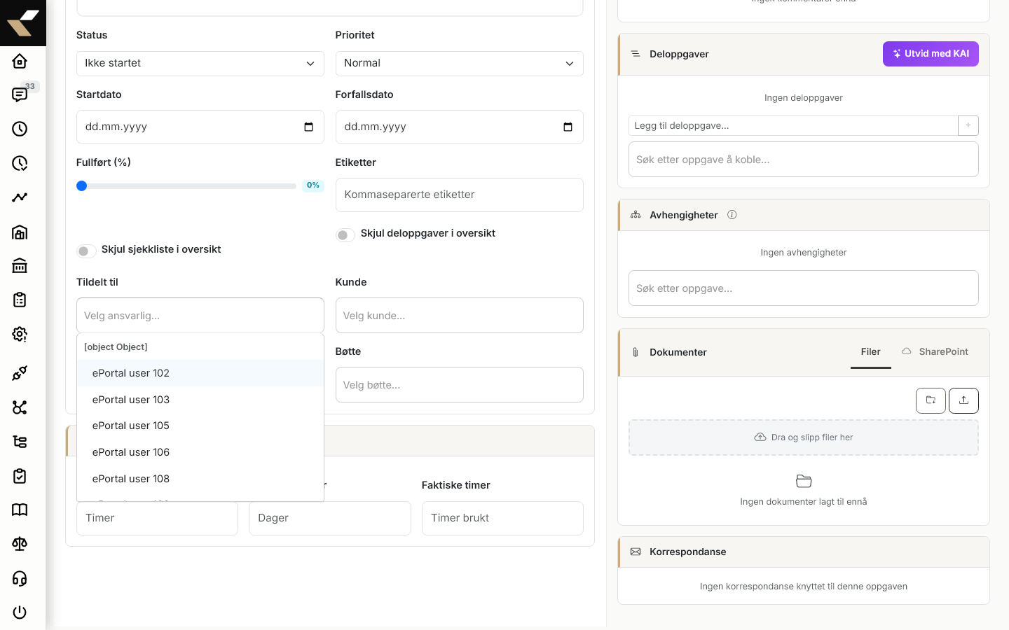 oppgavedetaljer med «Tildelt til»-dropdown åpen og en bruker valgt