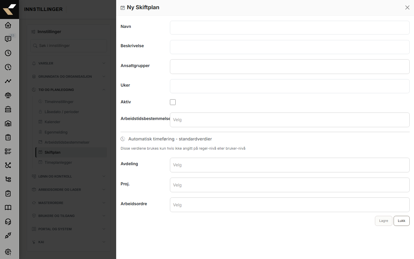 åpent sidepanel for redigering av skiftplan med alle hovedfeltene + TimeScheduler-seksjon